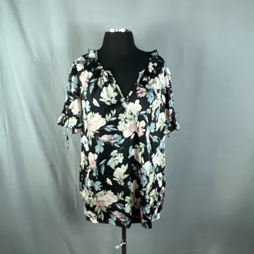 Blousology Blouse Top Womens 2X Multicolor Floral Ruffle V Neck Short Sleeve
